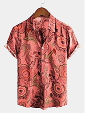 voordelige Vintage overhemd-Voor heren Vissen Overhemd Boho-shirt Overhemd met knopen Korte mouw Ontwerper Basic Boho Dagelijks Strand Klassieke boord Afdrukken Rood blauw Bruin Groen