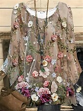 Women's Plus Size Blouse 3D Print Vintage Holiday Casual Floral Print Regular Tops Crew Neck Vacation Daily Black White Dark Green Green khaki Spring Fall Winter 7