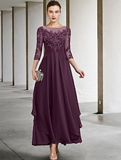 cheap Ankle Length-A-Line Ankle Length Party Dress Cocktail Dress Wedding Guest Dress Mother of the Bride Dress 3/4 Length Sleeve Jewel Neck Elegant Plus Size Wedding Guest Wedding Party Chiffon Lace with Ruched Sequin