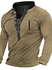 tanie męskie t-shirty plus size basic-Męskie Puszysta Duży wysoki Podkoszulek Koszula Henley Koszulki Kołnierz stawiany Ciemnozielony Khaki Długi rękaw Na zewnątrz Wyjściowe Suwak przedni Przednia kieszeń Przycisk w dół Równina Odzież