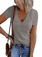 cheap Plain tee-Women&#039;s Henley Shirt T shirt Tee Black White Pink Plain Button Short Sleeve Casual Daily Sexy Round Neck Regular S