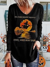 preiswerte Halloween Oberteile-Halloween Damenshirt Langarm V-Ausschnitt Langarm Tunika Tee Schwarz Blau Grün Buchstabe Geist Druck Basic Regelmäßige Lockerer Fit S Vorsaison