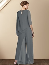 billiga Mammas byxdräkter-Tvådelat Jumpsuit  Byxdress Mor till Bruden Bröllopsgäst Elegant Plus Size Juvelhals Golvlång Chiffong 3/4 Lång Ärmar med Applikationer 2025 gratis skräddarsydd storlek