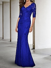 preiswerte Bodenlänge-Meerjungfrau Mutter der Braut Kleid Hochzeitsgast Plus Size Sexy V-Ausschnitt Sweep  Brush Zug Chiffon Spitze Halber Ärmel mit Spitzenapplikationen kostenlose Maßanfertigung