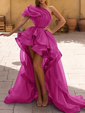 economico Abiti da sera a vita impero-Linea ad A Asimmetrico Abiti da Ballo Abito da Sera Da principessa Abito formale Sexy Alto Basso Senza Maniche Monospalla Balli di fine anno Ricevimento di matrimonio Organza con Volant Colore puro