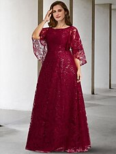 A-Line Mother of the Bride Dress Plus Size Hide Belly Elegant Jewel Neck Floor Length Lace Half Sleeve No with Sequin Appliques main image 0