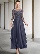 cheap Ankle Length-A-Line Ankle Length Party Dress Cocktail Dress Wedding Guest Dress Mother of the Bride Dress 3/4 Length Sleeve Jewel Neck Elegant Plus Size Wedding Guest Wedding Party Chiffon Lace with Ruched Sequin