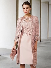 cheap With Jacket-Two Piece Sheath Mother of the Bride Dress Church Elegant Jewel Neck Knee Length Chiffon Lace Short Sleeve Jacket Dresses with Appliques 2025 free custom size