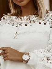 billige Grafiske mønstre og detaljer-Dame Pullover genser Fritid Helfarge Blomstret Heklet Crew-hals Blonder Langermet Avklipt Strikke Daglig Ferie Hvit Høst Vinter