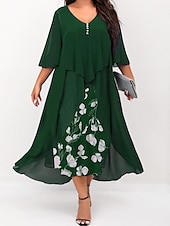 levne Kolekce nadměrných velikostí-dámské plus size křivky pracovní šaty květinové v střih nařasený 3/4 rukáv jarní podzim pracovní elegantní midi šaty formální šaty na dovolenou / vrstvené / potisk