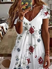 billiga Blommig klänning-Kvinnors Mini Klänning Petite Klänning T Shirt Klänning Tee Klänning Sommarklänning A-Line Klänning Söt Utomhus Semester Födelsedag Regular Fit Blommig Kort Ärmar V-Hals Svart Vit Rosa Vin Sommar