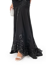 preiswerte SCHWARZ-Meerjungfrau Schwarzes Kleid Abendkleid Paillette Prom Kleid Funkelnd Formal Kleid Sweep  Brush Train Langarm Illusion Hals Spitze mit Applikationen Kleid für 2025 beeindrucken