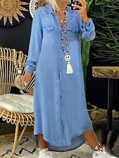 abordables Vestidos camiseros-Mujer Vestido de mezclilla Vestido informal Vestido de cambio Vestido largo maxi Algodón Mezclilla Casual Maduro Exterior Vestido de invierno Diario Cuello Camisero Botón Bolsillo Manga Larga Verano