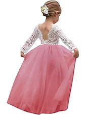 baratos Vestidos para Menina das Flores de Casamento-vestido de flores para meninas crianças praia casamento sem costas vestido de tule festa franzido malha renda verde branco azul maxi manga longa princesa vestidos fofos vestido de festa online ajuste
