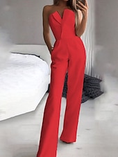 abordables monos de fiesta-Mujer Normal Mono Elegante Color sólido Sin Mangas Sin Tirantes Alta cintura Boda Calle Ajuste regular Blanco Rojo Otoño