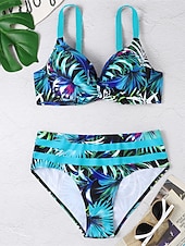 preiswerte Bikini-Sets-Damen Badeanzug Bikinis 2 Stück Bademode Rückenfrei 2 teilig Push-Up Hosen Sexy Print Blatt V-Wire Ausschnitt Urlaub Strandbekleidung Badeanzüge