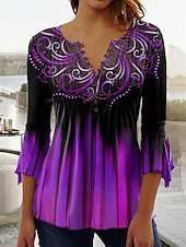 olcso Boho póló-Női Póló Plus Size Ing Póló Henley Ing Blúz Grafikai Alap 3/4 Hosszú Ujjú Kerek Nyakú Normál Felsők Köznapi Hétvégi Gombos Nyomtatás Rózsaszín Kék Zöld
