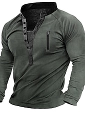 tanie męskie t-shirty plus size basic-Męskie Puszysta Duży wysoki Podkoszulek Koszula Henley Koszulki Kołnierz stawiany Ciemnozielony Khaki Długi rękaw Na zewnątrz Wyjściowe Suwak przedni Przednia kieszeń Przycisk w dół Równina Odzież