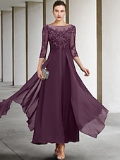 cheap Ankle Length-A-Line Ankle Length Party Dress Cocktail Dress Wedding Guest Dress Mother of the Bride Dress 3/4 Length Sleeve Jewel Neck Elegant Plus Size Wedding Guest Wedding Party Chiffon Lace with Ruched Sequin