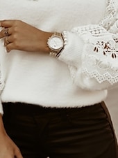 billige Grafiske mønstre og detaljer-Dame Pullover genser Fritid Helfarge Blomstret Heklet Crew-hals Blonder Langermet Avklipt Strikke Daglig Ferie Hvit Høst Vinter