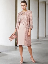 cheap With Jacket-Two Piece Sheath Mother of the Bride Dress Church Elegant Jewel Neck Knee Length Chiffon Lace Short Sleeve Jacket Dresses with Appliques 2025 free custom size