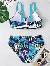 preiswerte Bikini-Sets-Damen Badeanzug Bikinis 2 Stück Bademode Rückenfrei 2 teilig Push-Up Hosen Sexy Print Blatt V-Wire Ausschnitt Urlaub Strandbekleidung Badeanzüge