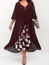 levne Kolekce nadměrných velikostí-dámské plus size křivky pracovní šaty květinové v střih nařasený 3/4 rukáv jarní podzim pracovní elegantní midi šaty formální šaty na dovolenou / vrstvené / potisk