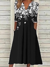 billiga Blommig klänning-Kvinnors Midi Klänning Tunika Klänning Blommig Ficka V-Hals Midi Klänning Elegant Stilig Daglig Halv Ärm Sommar Vår