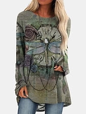 ieftine topuri tunică-Pentru femei Tricou Tunică Marron Galben Verde Deschis Geometric Plisat Imprimeu Manșon Lung Casual Tunici Epocă Έθνικ Rotund Lung Tema boem Geometric ă Mărime Plus S