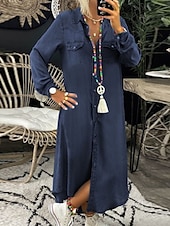 abordables Vestidos camiseros-Mujer Vestido de mezclilla Vestido informal Vestido de cambio Vestido largo maxi Algodón Mezclilla Casual Maduro Exterior Vestido de invierno Diario Cuello Camisero Botón Bolsillo Manga Larga Verano