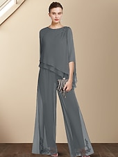 billiga Mammas byxdräkter-Tvådelat Jumpsuit  Byxdress Mor till Bruden Bröllopsgäst Elegant Plus Size Juvelhals Golvlång Chiffong 3/4 Lång Ärmar med Applikationer 2025 gratis skräddarsydd storlek