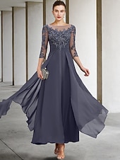 cheap Ankle Length-A-Line Ankle Length Party Dress Cocktail Dress Wedding Guest Dress Mother of the Bride Dress 3/4 Length Sleeve Jewel Neck Elegant Plus Size Wedding Guest Wedding Party Chiffon Lace with Ruched Sequin