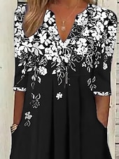 billiga Blommig klänning-Kvinnors Midi Klänning Tunika Klänning Blommig Ficka V-Hals Midi Klänning Elegant Stilig Daglig Halv Ärm Sommar Vår
