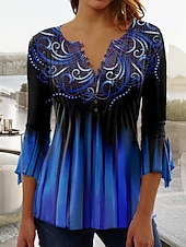 olcso Boho póló-Női Póló Plus Size Ing Póló Henley Ing Blúz Grafikai Alap 3/4 Hosszú Ujjú Kerek Nyakú Normál Felsők Köznapi Hétvégi Gombos Nyomtatás Rózsaszín Kék Zöld