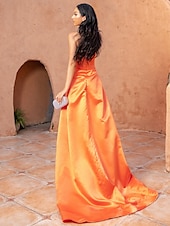 cheap ORANGE-Mermaid Sequin Evening Gown Sexy Dress Wedding Guest Cocktail Party Court Train Sleeveless Strapless Bridesmaid Dress Satin with Beading Pure Color Masquerade Dress 2025