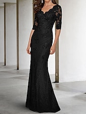 preiswerte Bodenlänge-Meerjungfrau Mutter der Braut Kleid Hochzeitsgast Plus Size Sexy V-Ausschnitt Sweep  Brush Zug Chiffon Spitze Halber Ärmel mit Spitzenapplikationen kostenlose Maßanfertigung
