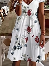billiga Blommig klänning-Kvinnors Mini Klänning Petite Klänning T Shirt Klänning Tee Klänning Sommarklänning A-Line Klänning Söt Utomhus Semester Födelsedag Regular Fit Blommig Kort Ärmar V-Hals Svart Vit Rosa Vin Sommar