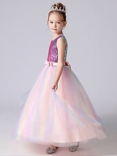 billiga Brudnäbbsklänningar-prinsessgolv längd blomsterflicka klänning regnbåge enhörning tjejer söt balklänning / bomull med skärp / band regnbåge tutu passform 3-16 år klänning för att imponera 2025