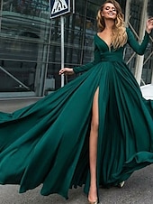 abordables NOIR-Robe de soirée A-Line robe empire noire invité de mariage longueur de sol manches longues col en V chiffon dos en V avec fente robe de masquerade couleur pure pour impressionner 2025