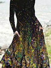 levne Šaty umění a designu-Ženské midi šaty volnočasové šaty zimní šaty swing šaty dovolená móda základní formální dovolená večírek pravidelně padnoucí tie dye barevný gradient dlouhý rukáv posádka krk žlutá modrá velbloudí