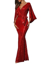 abordables Robes habillées-Femme robe longue robe paillette Robe de bal robe soirée Robe Fourreau Mode mode Sexy Formel robe hiver robe demoiselle d honneur Standard Couleur monochrome manche longue Col V Rouge Printemps