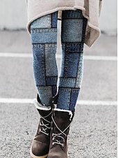 economico Leggings foderati in pile-Leggings da donna pantaloni moda a lunghezza intera stampa a blocchi di colore termici caldi controllo pancia solleva fondoschiena alta elasticità casual quotidiani blu skinny