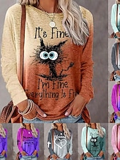 ieftine Umor &amp; Citate tricou-Pentru femei Mărime Plus Tricou Grafic Pisica Gradient de culoare Desen animat Amuzant Manșon Lung Rotund Topuri obișnuite Casual Sfârșit de săptămână Imprimeu Maroniu Galben Roz Îmbujorat Mov Trifoi