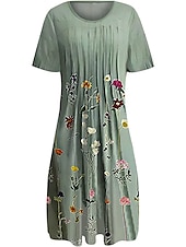 abordables Robe Fleurie-Robe Midi Femme Robe Décontractée Robe Shift Imprimé Floral Froncé Col Rond Basique Quotidien Manches Courtes Été Printemps