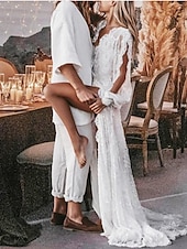 economico abiti da sposa casual-Matromonio in spiaggia abiti da sposa sexy boho A-Line scollatura a V maniche lunghe strascico/striscia in pizzo con applicazioni spacco anteriore 2025