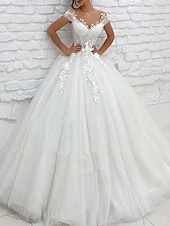 levne Luxusní svatební šaty-Formální Svatební Šaty Ball Gown V Výstřih Rukávy do Chatu Vlak Krajkové Svatební Šaty s Aplikacemi 2025
