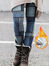 economico Leggings foderati in pile-Leggings da donna pantaloni moda a lunghezza intera stampa a blocchi di colore termici caldi controllo pancia solleva fondoschiena alta elasticità casual quotidiani blu skinny
