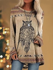 levne Boho tričko-Dámské Tunika Tričko Grafika Zvíře Zvířecí vzor Vinobraní Západní retro Dlouhý rukáv Kulatý Běžné topy Ležérní Denní zvířecí motiv Sova 1 Sova 2 Jaro &amp; podzim Podzim zima