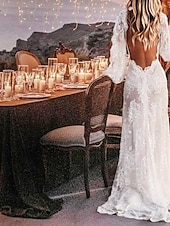 economico abiti da sposa casual-Matromonio in spiaggia abiti da sposa sexy boho A-Line scollatura a V maniche lunghe strascico/striscia in pizzo con applicazioni spacco anteriore 2025