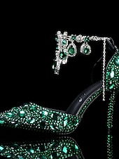 Χαμηλού Κόστους Νύφη-Πολυτελείς γόβες νύφης από κρύσταλλο – λαμπερά νυφικά παπούτσια με στρας και αλυσίδα για λαμπερή αίθουσα χορού και πολυτελή τελετή